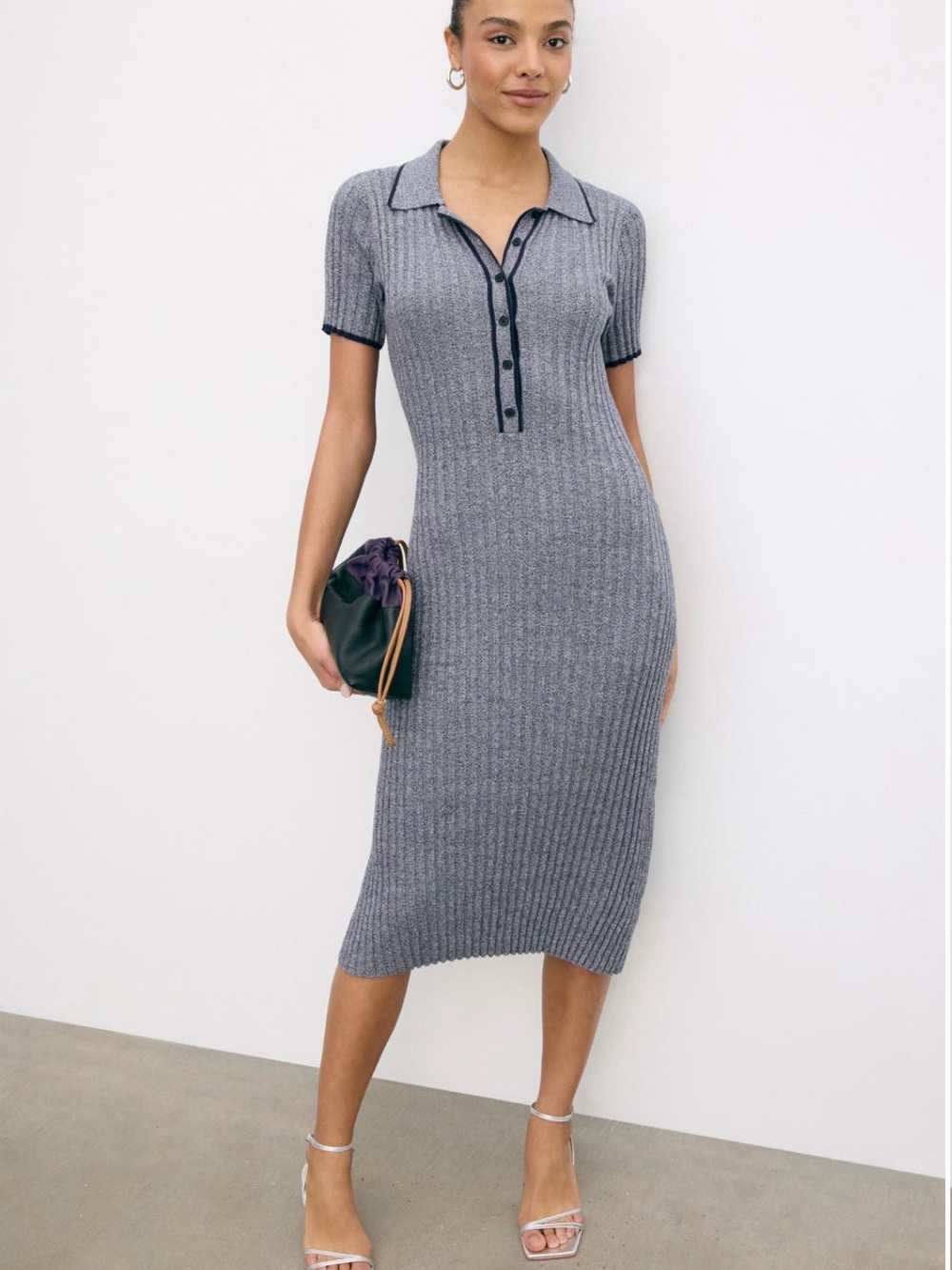 Ribbed Polo Midi Dress in Heather Gray